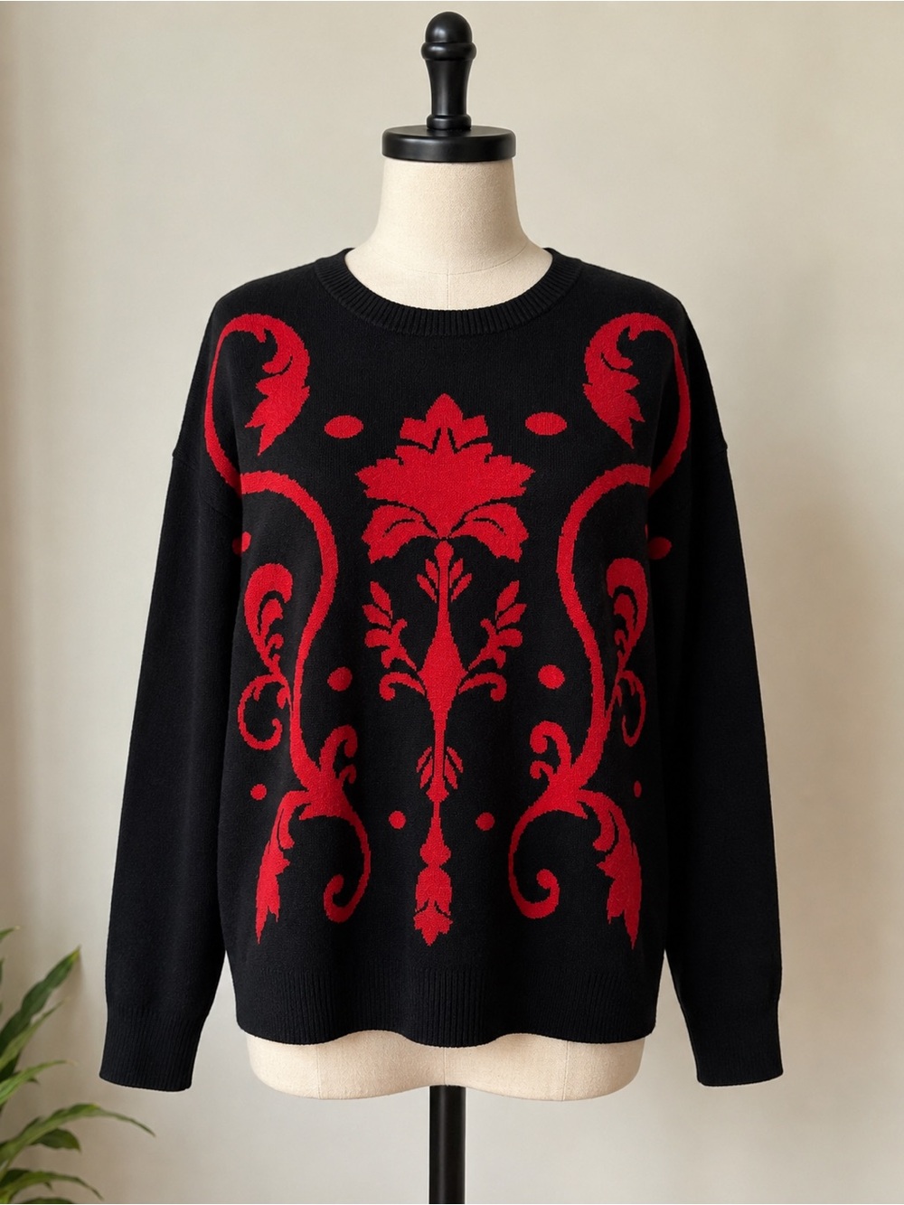 Kensie Black Crewneck Sweater with Red Baroque Motif